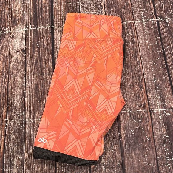 ALO Yoga Goddess Leggings Women Orange‎ Geometric Print Gray Ribbed Sz Medium - Picture 1 of 14